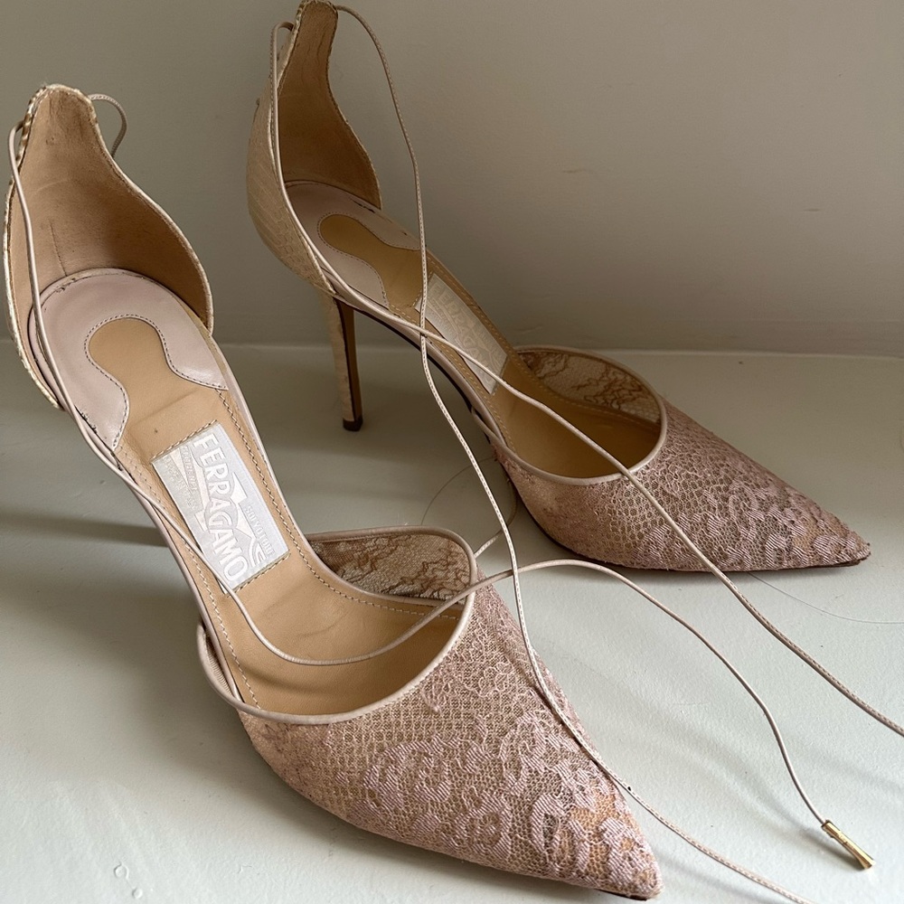 Salvatore Ferragamo lace and snake leather pumps